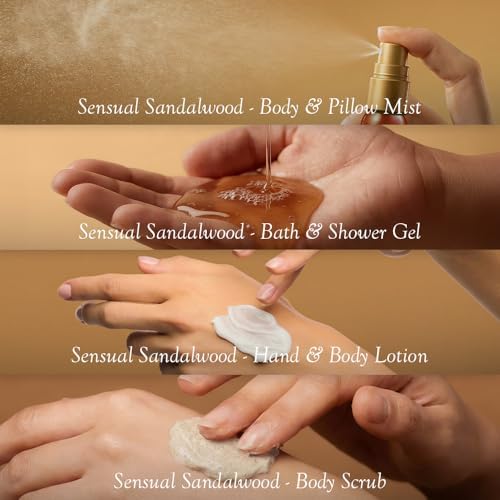 Spa Ceylon Ayurveda Sensual Sandalwood Discovery Set - 4-Piece Natural Spa Gift Set with Mysore Sandalwood, Vetiver & Patchouli – Bath Gel, Body Lotion, Pillow Mist & Body Scrub - Image 5