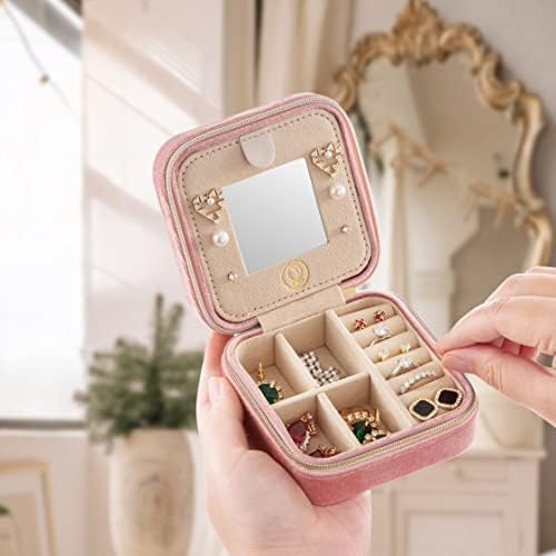 ZPROW Plush Velvet Travel Jewelry Case, Travel Jewelry Organizer, Jewelry Travel Case, Travel Jewelry Box, Small Jewelry Case for Women, Jewelry Travel Box, Earring Organizer with Mirror - Pink - Image 2