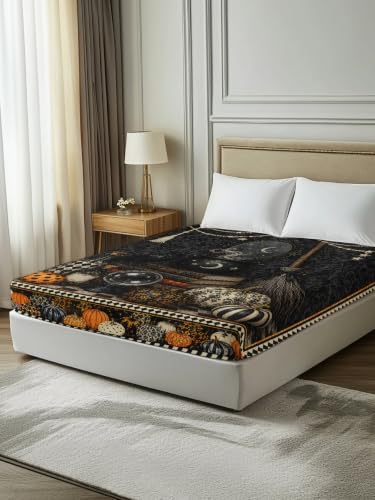 Halloween King Flat Sheet Pumpkin Book Flat Sheets Only Soft Breathable Bedding Top Sheets Luxury Hotel Quality Broom Crystal Ball Plaid King Bed Sheet for All Season Bedroom Dorm Halloween Decor - Image 7