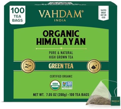 VAHDAM, Organic Himalayan Green Tea (100 Count) High Grown, Non GMO, Gluten Free, Low Caffeine | Earthy & Smooth | Resealable & Plant-Based Pyramid Tea Bags by Unknown