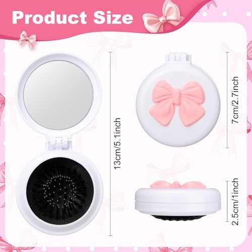 12 Pcs White Coquette Bow Mini Hair Brushes Folding Mirror Coquette Detangler Brush Bulk Round Compact Massage Scalp Comb for Purse Women Travel Team Gifts Trendy Stuff Party Favors - Image 2