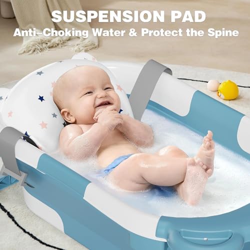 MoreFeel Collapsible Baby Bathtub for Newborn with Thermometer & 1 Hooded Towel & 1 Soft Floating Cushion,Portable Travel Bathtub with Drain Hole, Durable Foldable Baby Tubs for Infants to Toddler - Image 2