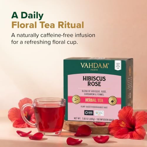 VAHDAM, Hibiscus Rose Tea Bags - 100% Whole Hibiscus Flowers Herbal Tea Bags (100 Count) With Rose, Chamomile & Exotic Spices | Caffeine Free, Floral Flavor Tisane | Resealable Ziplock Pouch - Image 4