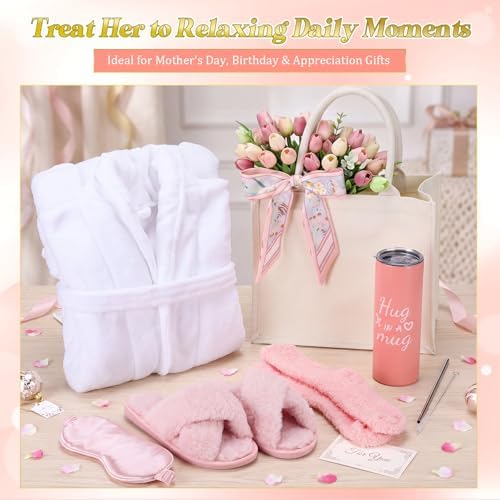 Patelai 7 Pcs Birthday Gifts for Women Spa Robe and Slippers Set Self Care Gift Basket for Women Spa Gift Basket for Friend - Image 6