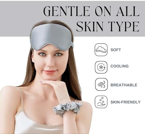 Silver Sleep Eye Mask, Blackout Silk Satin Travel Blindfold Set Women - Image 7