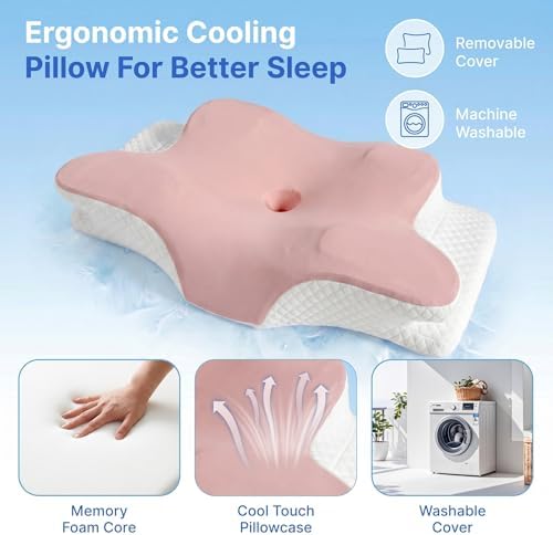 Cervical Pillow for Neck Pain Relief, Orthopedic Memory Foam Pillow with Cooling Cover, Contour Ergonomic Support for Side Back Stomach Sleepers (Pink) - Image 6
