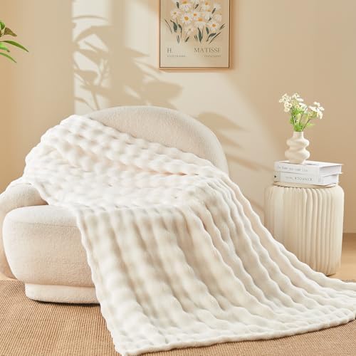 NEWCOSPLAY 3D Bubble Flannel Throw Blanket for Couch Ivory, 50"×60" - Image 6