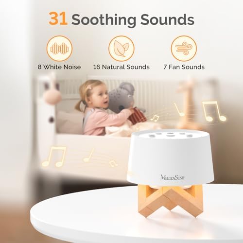 MelodySusie Rechargeable White Noise Machine for Sleep Travel & Salon with Wooden Stand, Sound Machine with 31 Soothing Sounds, Multi-Night Light, 32 Volumes & 4 Timers for Baby Adult - Image 2