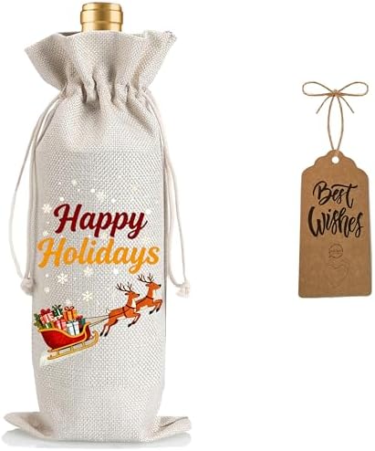 Julont 1Pcs Happy Holidays Wine Bags Christmas Gift Bag, Wine Bottle Bags Merry Xmas Bottle Covers for Merry Christmas,Holiday Party,Birthday,Storage with 1Pcs Kraft Blessing Cards and natural jute rope by Yourloveisourmotivation%EF%BC%81