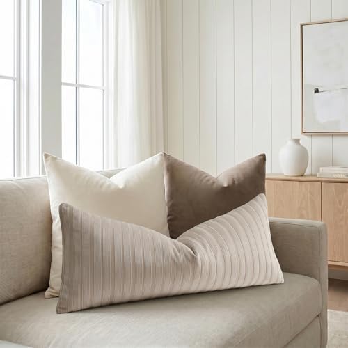 DEZENE 14x36 Taupe Lumbar Pillow Covers Soft Striped Corduroy Neutral Rectangular Long Body Pillow Cases for Couch Sofa Bedroom Living Room Home Decor - Image 5