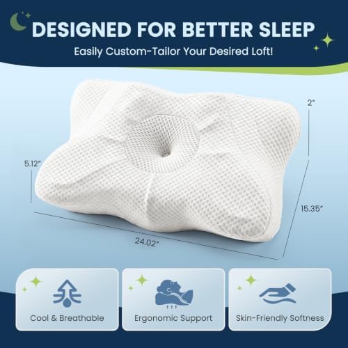 Sweetcrispy King Cervical Pillow for Neck and Shoulder - 2 Pack Ergonomic Memory Foam Pillows, Contour Side Sleeper for Adults, Cooling Orthopedic Neck Support for Back Stomach Sleepers, White - Image 2
