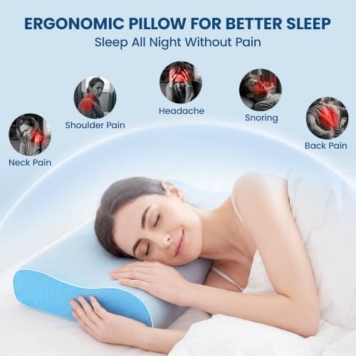 FP FLEXPEDIC Cervical Neck Pillow for Neck Pain Relief, Odorless Memory Foam Pillow with Adjustable 2 Heights,Cooling Bed Pillow Neck Support Pillow, for Side, Back & Stomach Sleepers, Standard(Blue) - Image 2