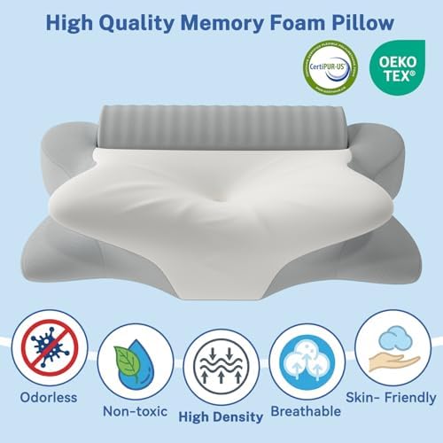 Cervical Neck Pillow for Pain Relief & Sleeping, Ergonomic Posture Pillow Neck Support, Cooling Memory Foam Pillow with Roll Pillow, Orthopedic Contour Pillow for Side Back Stomach Sleepers, Grey - Image 7