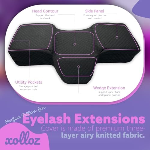 Lash Pillow for Eyelash Extensions - Curved Memory Foam Bed Pillow, Ergonomic Head Rest with Neck Support, Side Pockets for Tools, Fits Lash Beds for Tech – Black - Image 6