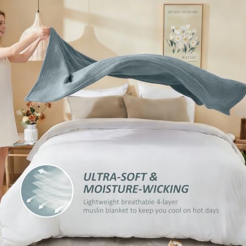EMME Cotton Muslin King Blanket Bed Layering Bedspread Coverlet Breathable Gauze Blanket Soft Lightweight (Heather Teal, 108"x90") - Image 6