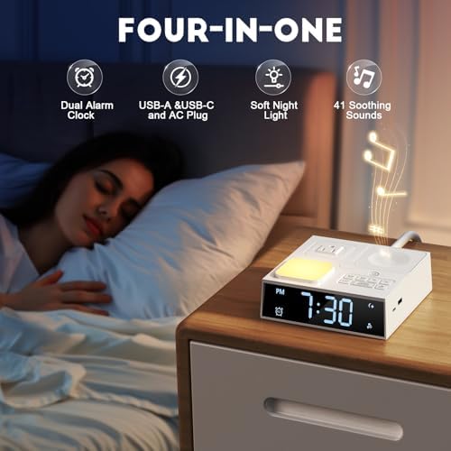 White Noise Sound Machine with Dual Alarm Clock - Soft Night Light 41 Non Looping Sounds USB Port Charger 3 Timers Memory Function 31 Adjustable Volume Sleep Sound Machine for Adult & Home Bedroom - Image 2