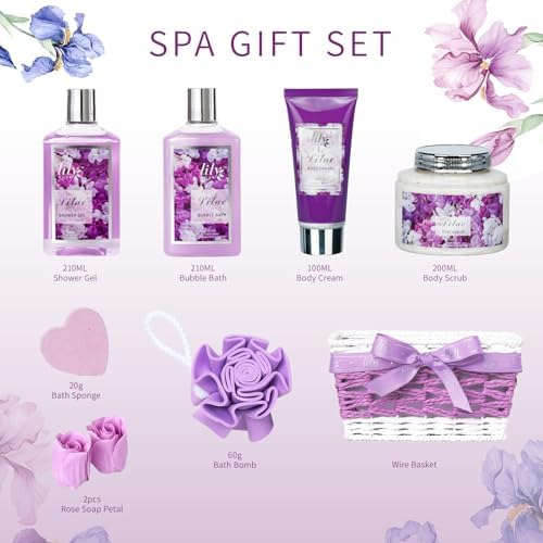 9Pcs Luxurious Lavender Lilac Spa Kit Bath Set - Spa Gift Baskets for Women - Image 3
