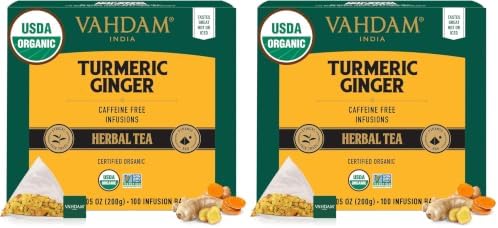 VAHDAM Organic Turmeric Ginger Herbal Tea Bags (100 Pyramid Tea Bags) Caffeine Free, Non GMO | 100% Pure Herbal Blend - Savory & Spicy, Plant-Based Teabags | Resealable Ziplock Pouch (Pack of 2) by Unknown