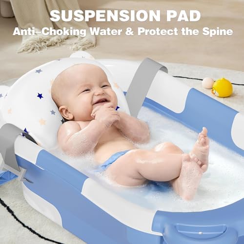 MoreFeel Collapsible Baby Bathtub for Newborn with Thermometer & 1 Hooded Towel & 1 Soft Floating Cushion,Portable Travel Bathtub with Drain Hole, Durable Foldable Baby Tubs for Infants to Toddler - Image 2