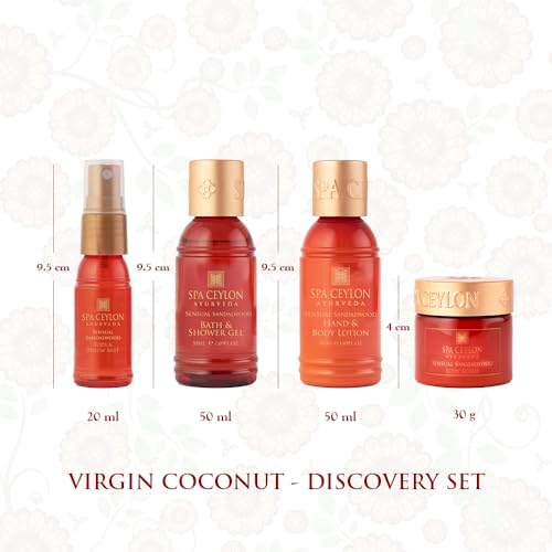 Spa Ceylon Ayurveda Sensual Sandalwood Discovery Set - 4-Piece Natural Spa Gift Set with Mysore Sandalwood, Vetiver & Patchouli – Bath Gel, Body Lotion, Pillow Mist & Body Scrub - Image 3