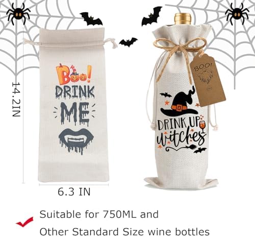 1Pcs Drink Up Witches Gifts Wine Bag,Halloween Wine Bag Halloween Gifts Party Decorations for Women Men with 1Pcs Kraft Blessing Cards and natural jute rope - Image 2
