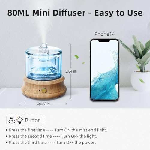 Lecdura Glass Essential Oil Diffuser, 80ML Small Glass Reservoir Natural Wood Base Ultrasonic Cool Mist Aroma Diffusers with USB-Cord Auto-Off 7 Color Light for Home Office Bedroom - Image 6