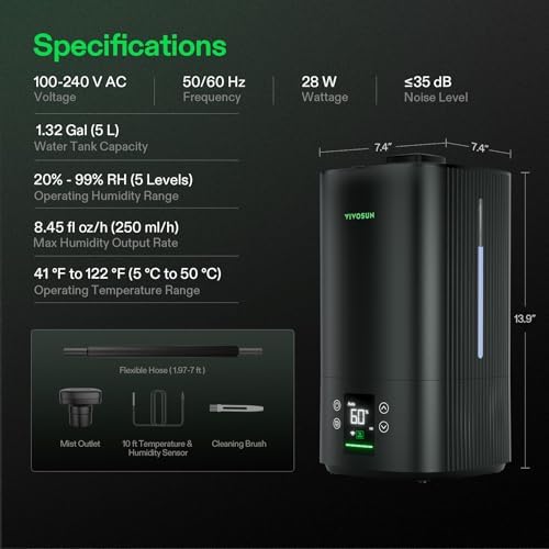 VIVOSUN AeroStream H05 Intelligent Wi-Fi Humidifier, 1.32 Gal / 5 L Humidifier with Temp & Humidity Probe, Smart Remote Control, Designed for Growers (Pack of 2) - Image 6