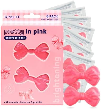 SpaLife Pretty in Pink Hydrogel Under Eye Patches for Dark Circles | Bow Under Eye Patches for Puffy Eyes | Revitalizing Undereye Masks for Bags | Bachelorette Party Favors | Pack of 8 Pairs by SpaLife