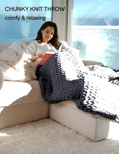 YnM Chunky Throw Blanket, Medium-Weight, Hand Knitted with Chenille Yarn, Skin Friendly, Ventilated and Breathable, Machine Washable, Home Décor Piece for Couch, Sofa and Bed (Lava Grey, 80x87 Inch) - Image 6