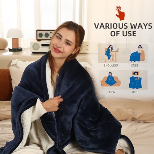 ESTINGO Heated Blanket Electric Blanket Full Size, Heating Blanket with 1-10 Hours Adjustable Timer & 6 Heating Levels, Heated Throw Blanket with Full Body Soft Sherpa, 72"x84", Navy Blue - Image 6