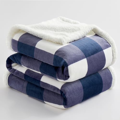 PU MEI Sherpa Blanket Fleece Throw Blanket Full Queen Plaid Thick Bed Blanket, Soft Warm Cozy Blue Checkered Throw Blanket 80"*90" - Image 7