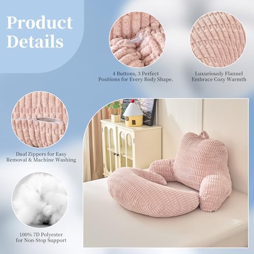 19" Reading Pillow for Bed,U Shaped Arm & Elbow Support,Pink Corduroy - Image 6