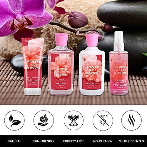 Japanese Cherry Blossom Bath & Body Kit, 3 Fl Oz Travel Size, Ideal Skincare Relaxing Home Spa Set, Includes Body Lotion, Shower Gel, Body Cream, and Fragrance Mist, Bath Gifts for Her and Him - Image 6