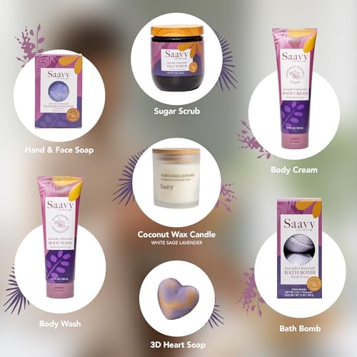 Saavy Naturals 9-Piece Spa Gift Set – Body Wash, Scrub & More – Plant-based Ingredients, Luxurious Spa Gift Basket for Women & Men –Mothers Day Gifts (Lavender Chamomile Gift Set) - Image 2