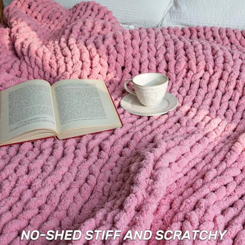 Chunky Knit Throw Blanket for Couch,60X80 Inches Pink - Image 6