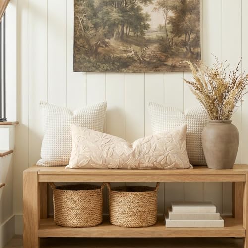 BlissBlush 14x36 Lumbar Pillow Cover for Bed, Rectangular Decorative Long Throw Pillowcase, Embroidered Farmhouse Accent Cushion, Beige Neutral Floral Tufted (Cover Only) - Image 7