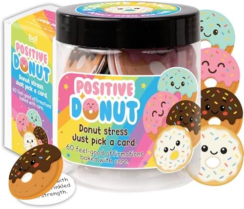 Positive Donut Jar, Funny Pun Gifts for Women, Teens, Coworkers, 60 Daily Affirmation Cards for Self Love, Anxiety Relief, Office Desk Decor, Birthday or Thank You Gift by MiaRitaOfficial