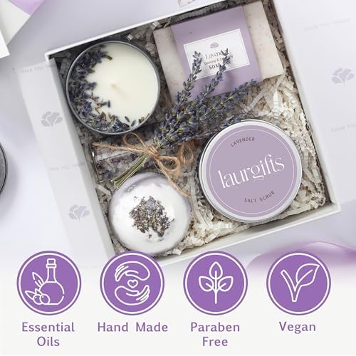 Birthday Gifts for Women – Lavender Spa Gift Basket, Small Candle Set with Bath Gifts, Relaxing Self Care Basket, Lavender Gift for Her - Image 3