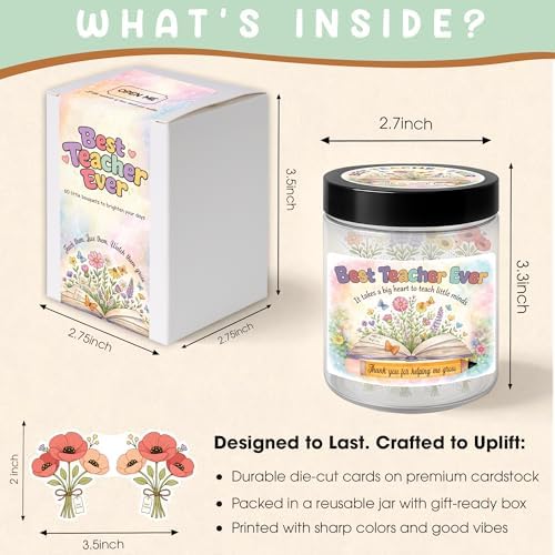 Best Teacher Ever Jar – 60 Little Bouquets Affirmation Cards, Unique Teacher Appreciation Gifts for Women Men, End of Year Teachers Gifts, Teachers Appreciation Week Gift, Thank you Gift Idea - Image 2