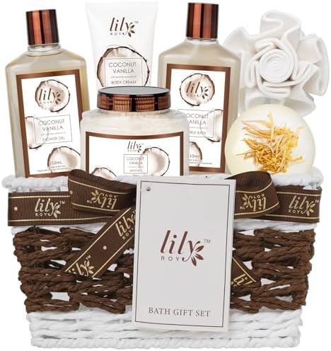 Coconut Vanilla Spa Gifts, 7Pcs Perfect Spa Gift Baskets for Women & Men by LILYROY