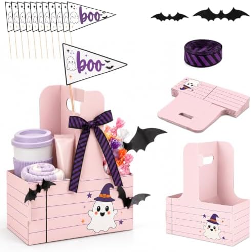 12 Set Halloween Teacher Gifts Drink Carrier Kit, Ghost Teacher Boo Basket Gifts, Disposable Cardboard Cup Holders with Handle, Ribbon and Gift Flags, for Teachers by Unknown