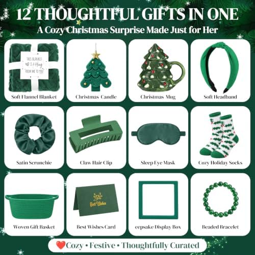 Willinglong 11 Pcs Christmas Basket Gifts for Women- Green Xmas Gift Set with Candle Basket Blanket Mug Scrunchie Headband Socks Bracelet Hair Claw Eye Mask Greeting Card for Mom Wife Teacher - Image 2