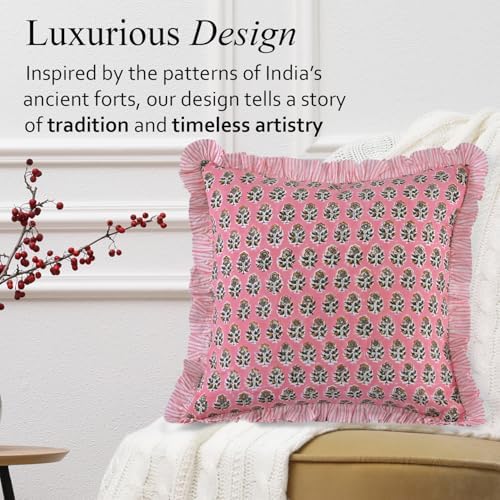 CPC Poppy Pink Ruffle Throw Pillow Covers for Couch, 16x16 Inch Cotton Stripe Ruffle Couch Pillows for Living Room, Hidden 12 Inch Zipper Boho Pillow Case or Cute Outdoor Pillows - Image 6