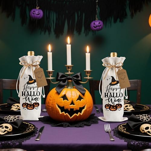 1Pcs Happy Hallo Gifts Wine Bag,Halloween Wine Bag Happy Hallo wine Halloween Gifts Party Decorations for Women Men with 1Pcs Kraft Blessing Cards and natural jute rope - Image 4
