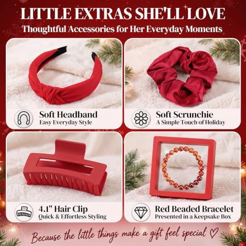 Willinglong 11 Pcs Christmas Basket Gifts for Women- Red Xmas Gift Set with Candle Basket Blanket Mug Scrunchie Headband Socks Bracelet Hair Claw Eye Mask Greeting Card for Mom Wife Teacher - Image 5