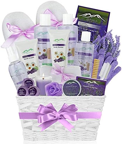 Lavender Spa Gift Basket for Birthday Gifts for Women, Beauty Basket Home Spa Basket 20 pc Set Includes Body Lotion, Bath Bombs & More! Spa Gifts for Her by PurelisNaturals