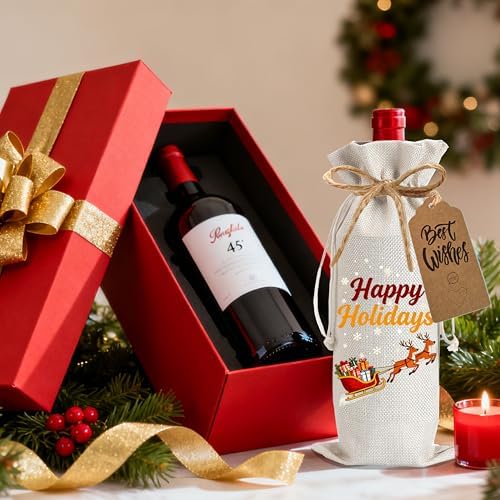 Julont 1Pcs Happy Holidays Wine Bags Christmas Gift Bag, Wine Bottle Bags Merry Xmas Bottle Covers for Merry Christmas,Holiday Party,Birthday,Storage with 1Pcs Kraft Blessing Cards and natural jute rope - Image 4