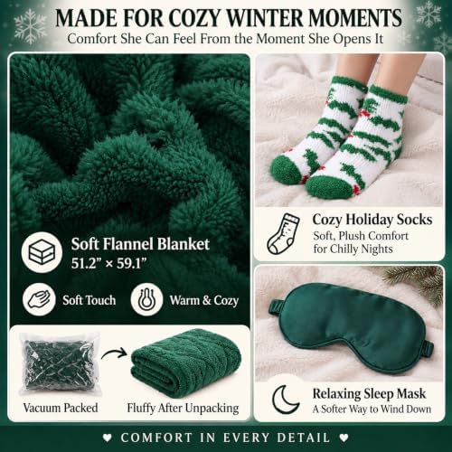 Willinglong 11 Pcs Christmas Basket Gifts for Women- Green Xmas Gift Set with Candle Basket Blanket Mug Scrunchie Headband Socks Bracelet Hair Claw Eye Mask Greeting Card for Mom Wife Teacher - Image 5