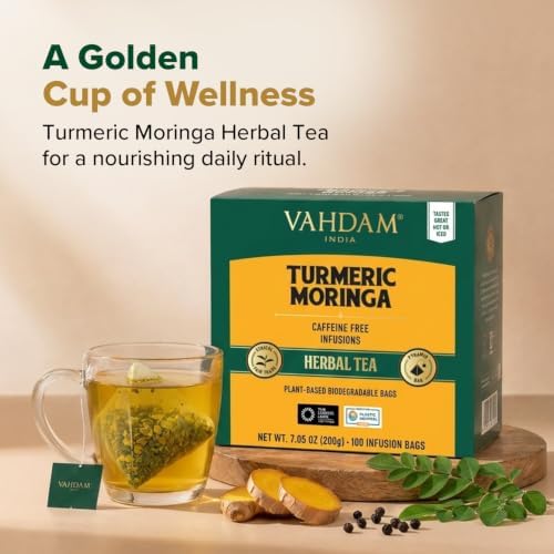 VAHDAM, Turmeric Moringa Tea Bags (100 Herbal Tea Bags) Caffeine Free, Non GMO | 100% Pure Herbal Blend - Sweet & Earthy | Resealable Ziplock Pouch - Image 3