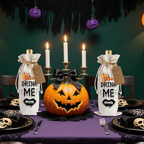 1Pcs Drink Me Gifts Wine Bag, Happy Halloween Wine Bag Halloween Party Decorations with 1Pcs Kraft Blessing Cards and natural jute rope - Image 4
